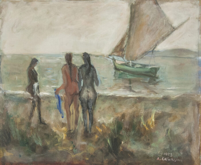 “Marina con figure”, 1953 - olio su tavola